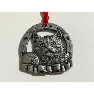 Vintage Carson 1993 Pewter Cat Christmas Ornament Silver Metal Holiday Gift